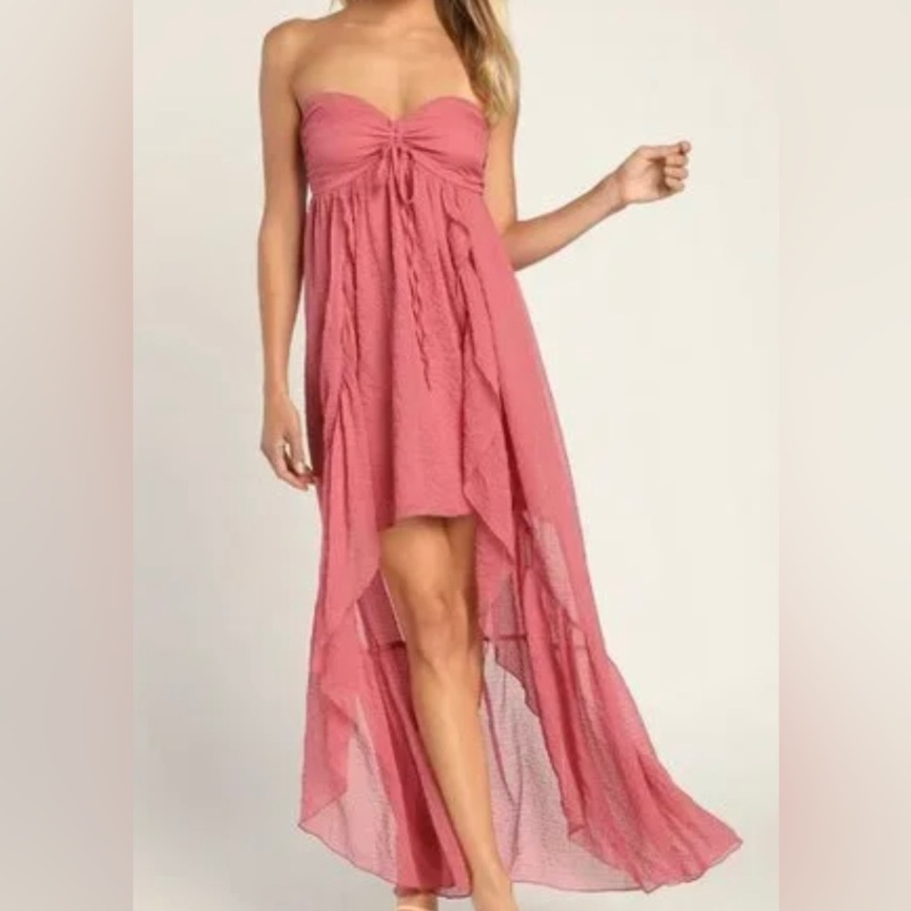 Lulu's Airy Aura Rusty Rose Strapless Ruffled High-Low Dress